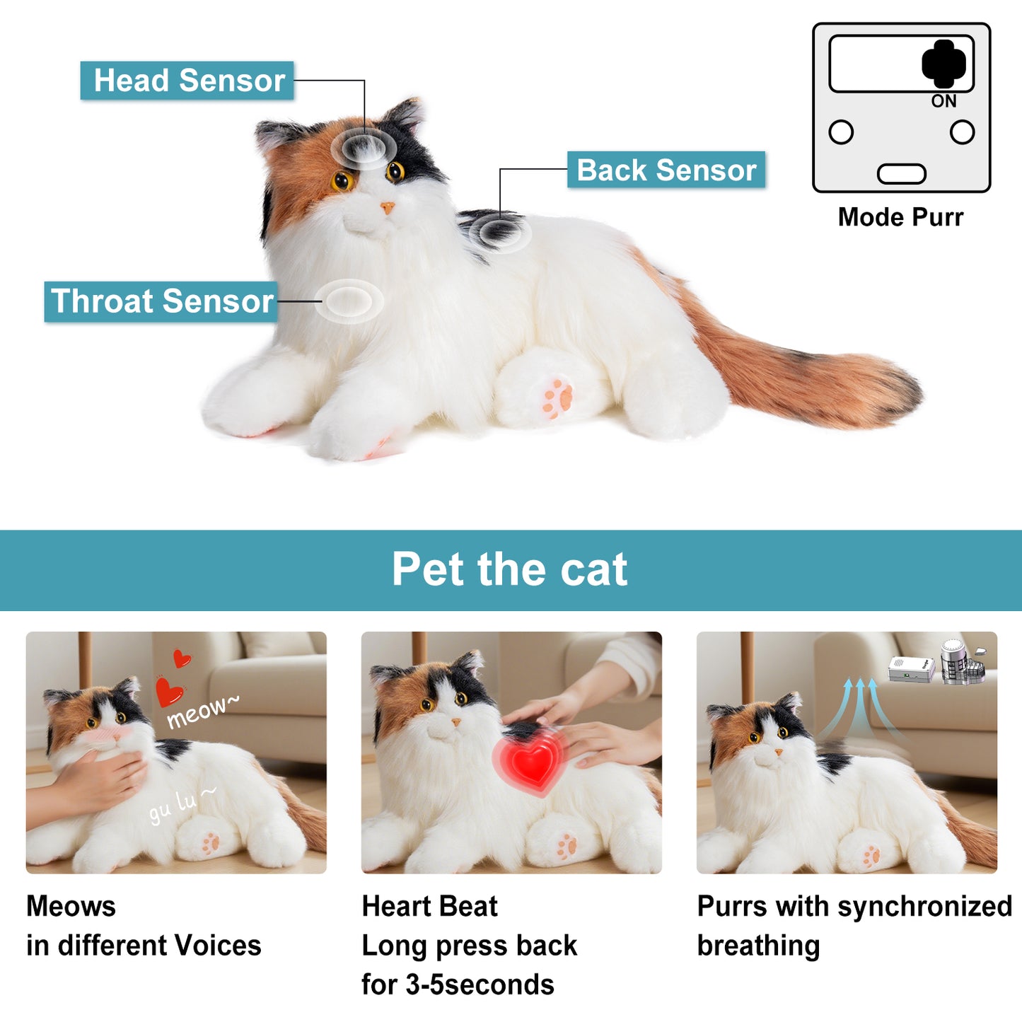 Breathing Calico Percy 2.0- Heartbeat Pur,Voice Robonic Cat