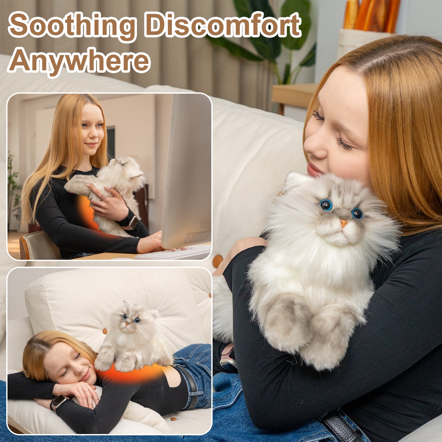 Gray Cat Lifelike Weighted Heated Cat for Comfort & Calm with Microwavable Pack