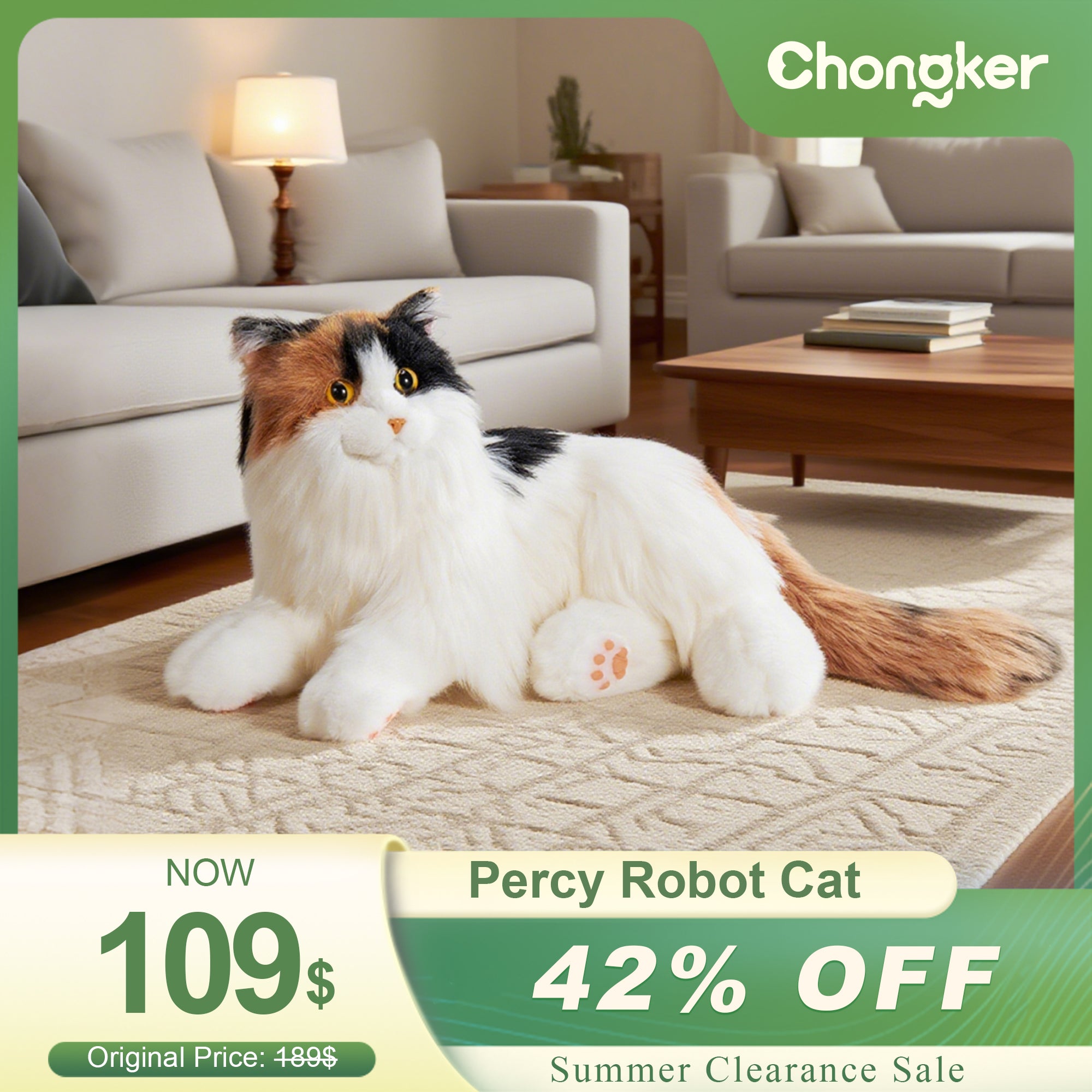 Breathing Calico Percy 2.0- Heartbeat Pur,Voice Robonic Cat