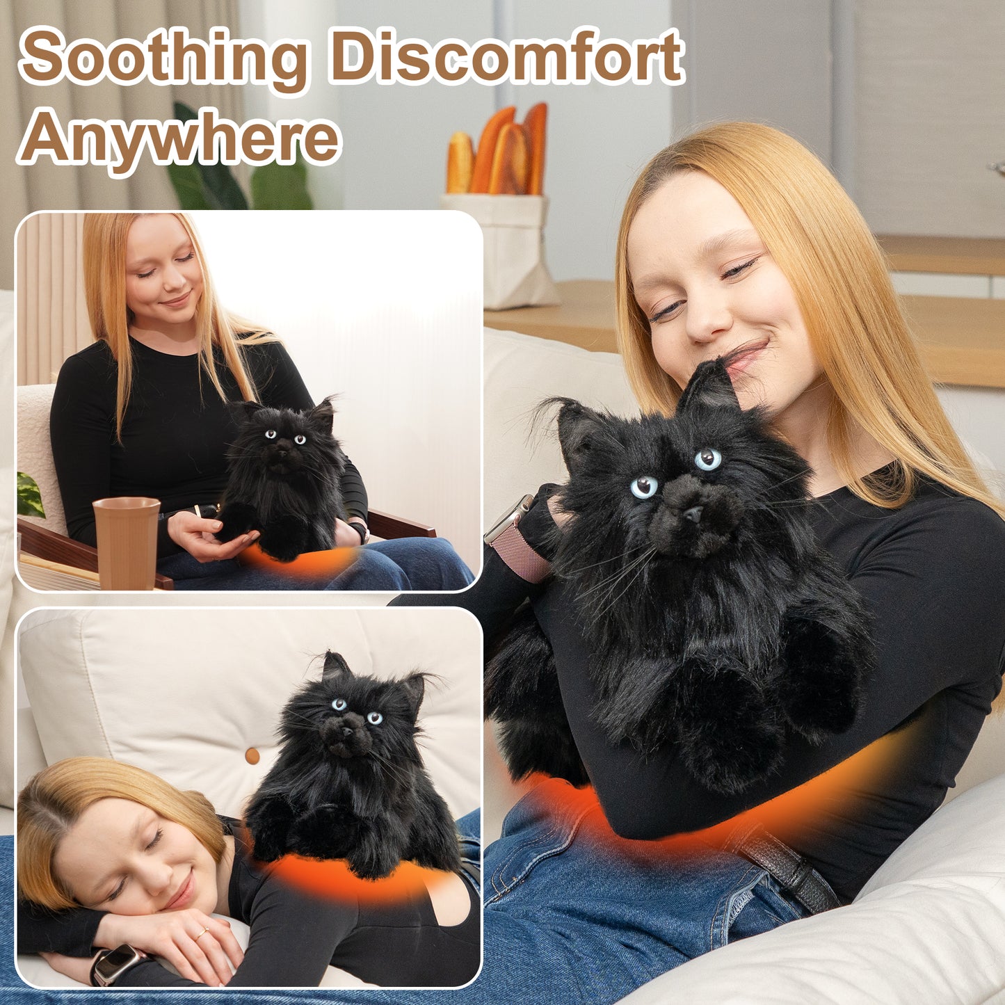 Black Maine coon Lifelike Weighted Heated Cat for Comfort & Calm with Microwavable Pack