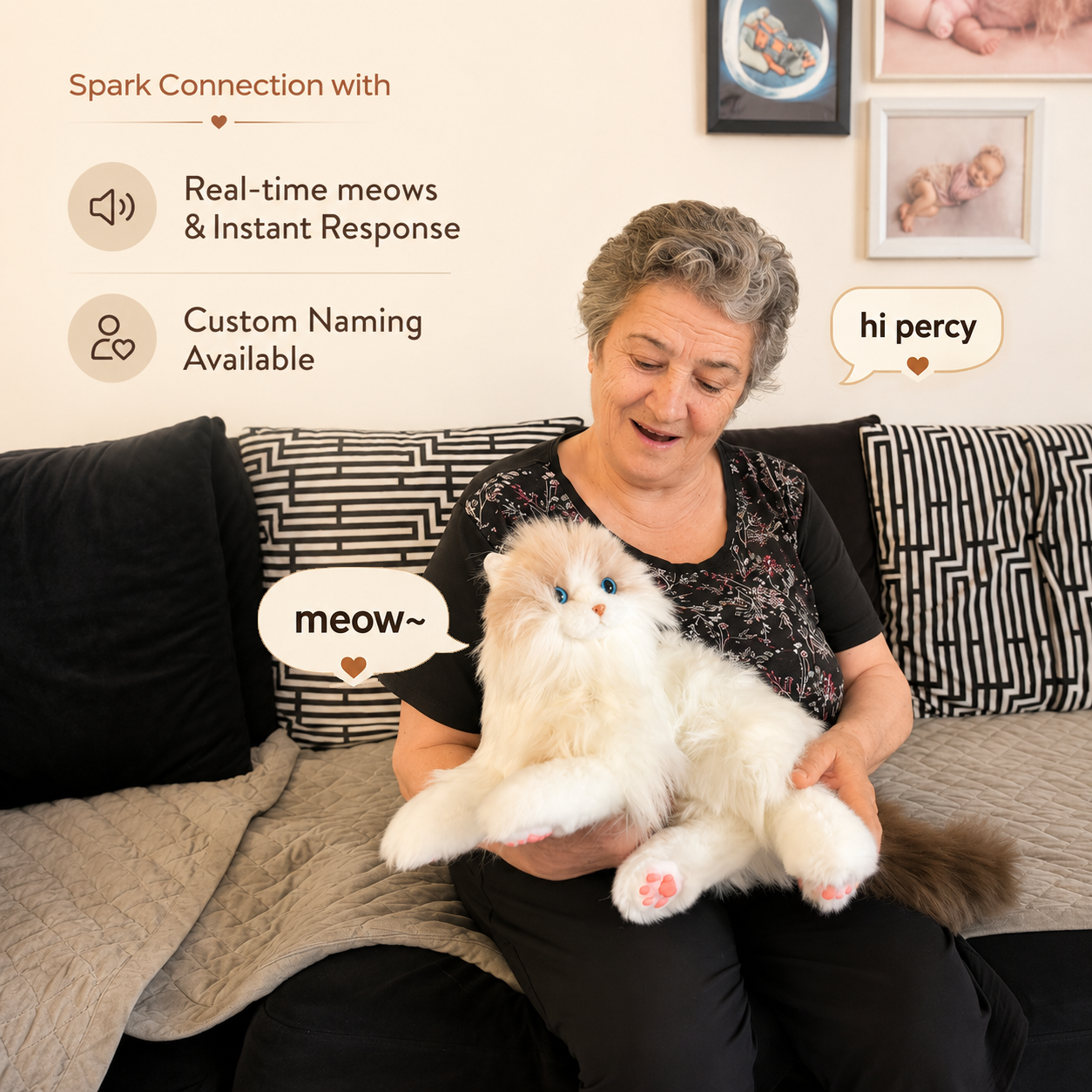 Senior woman interacting with a long-haired white Percy robot cat, showcasing voice response, real-time meowing, and custom naming functionality.