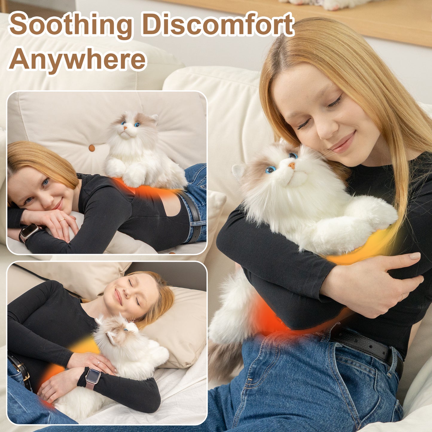 Lifelike Weighted Heated Cat for Comfort & Calm with Microwavable Pack