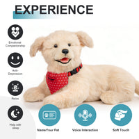 Lifelike Golden Retriever robot dog companion by Chongker with interactive icons for emotional support, anti-depression, sleep assistance, custom naming, and voice interaction.