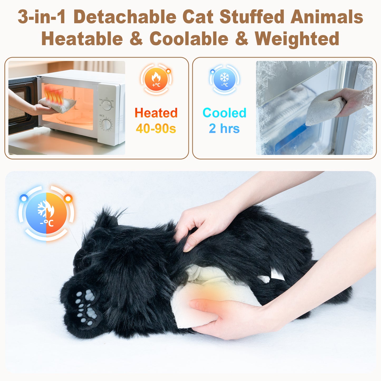 Black Maine coon Lifelike Weighted Heated Cat for Comfort & Calm with Microwavable Pack