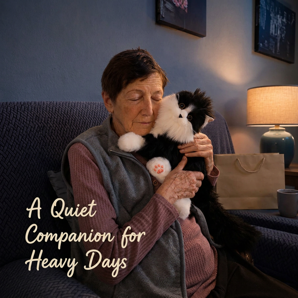 Senior woman cuddling a tuxedo robot cat for emotional comfort, designed as a quiet companion for elderly with dementia or sundowning syndrome.
