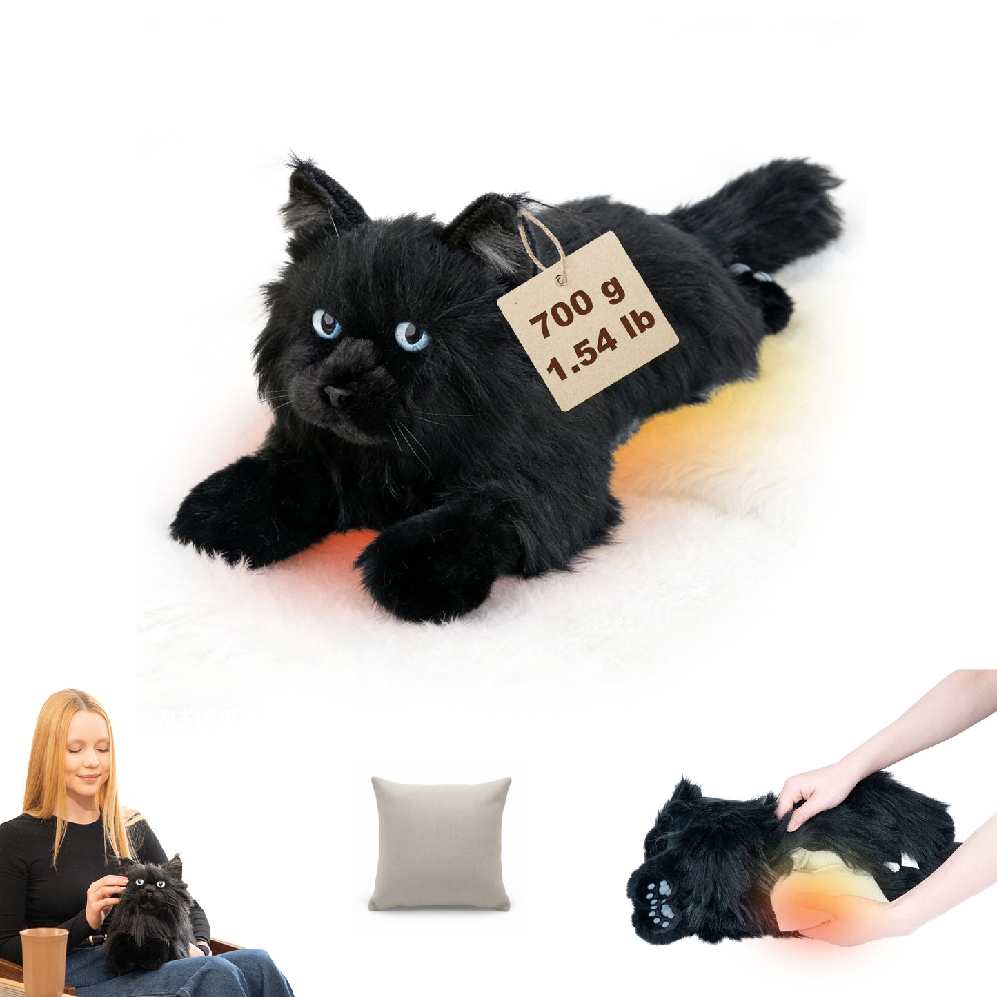 Black Maine coon Lifelike Weighted Heated Cat for Comfort & Calm with Microwavable Pack