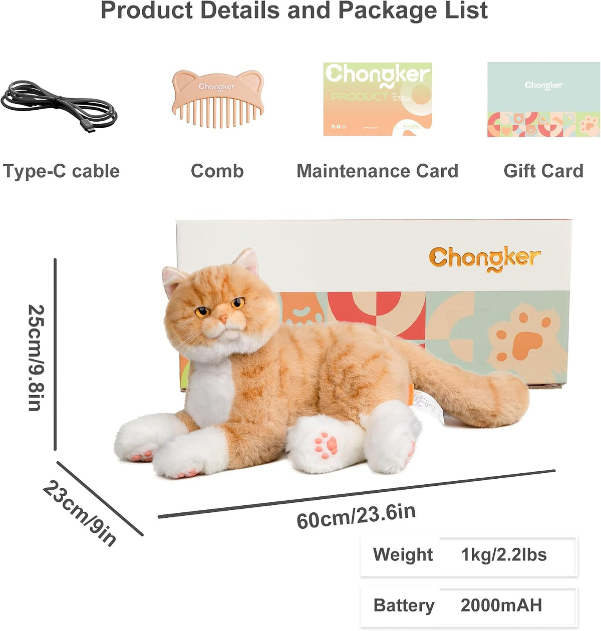 Chongker Percy Robot Ginger Cat 1.1 product details and package list, showing dimensions of 60x25x23 cm, 1kg weight, 2000mAh battery, along with the included Type-C cable, grooming comb, and gift box.