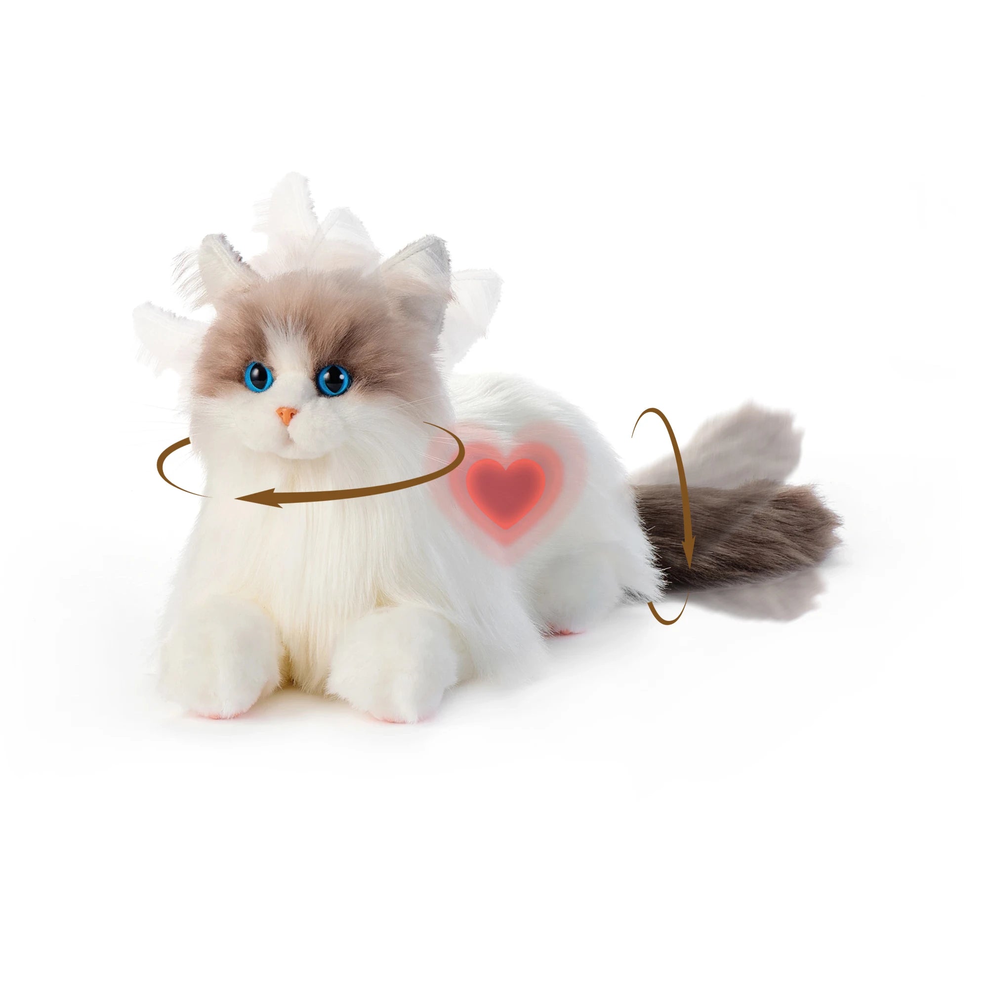 Lifelike interactive companion cat showing head turning, simulated heartbeat, and tail wiggling, a comforting stuffed animal for seniors.