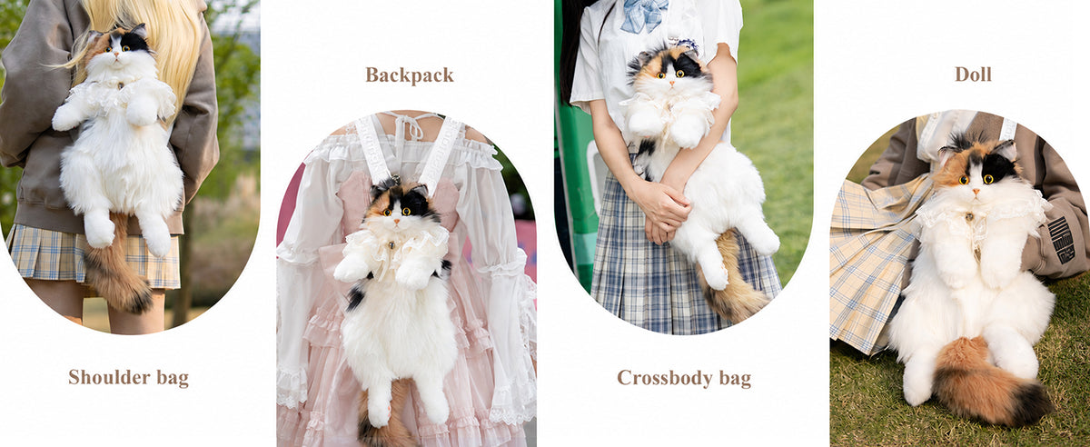 Calico Cat Backpack – Lifelike Plush Cat Bag for Women & Kids