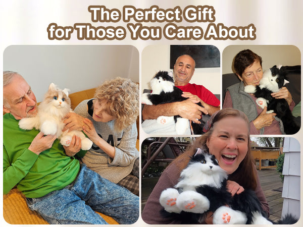 Photo collage of happy seniors and adults holding Percy interactive robot cats, with text "The Perfect Gift for Those You Care About".